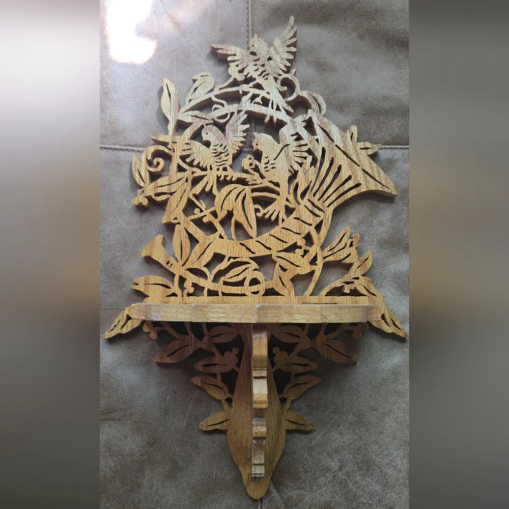 Intricate Wooden Wall Shelf Decor With Birds
